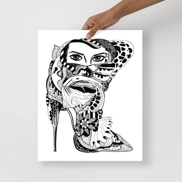 Black and white high heel boots art print featuring intricate zentangle patterns and fashion illustration style design