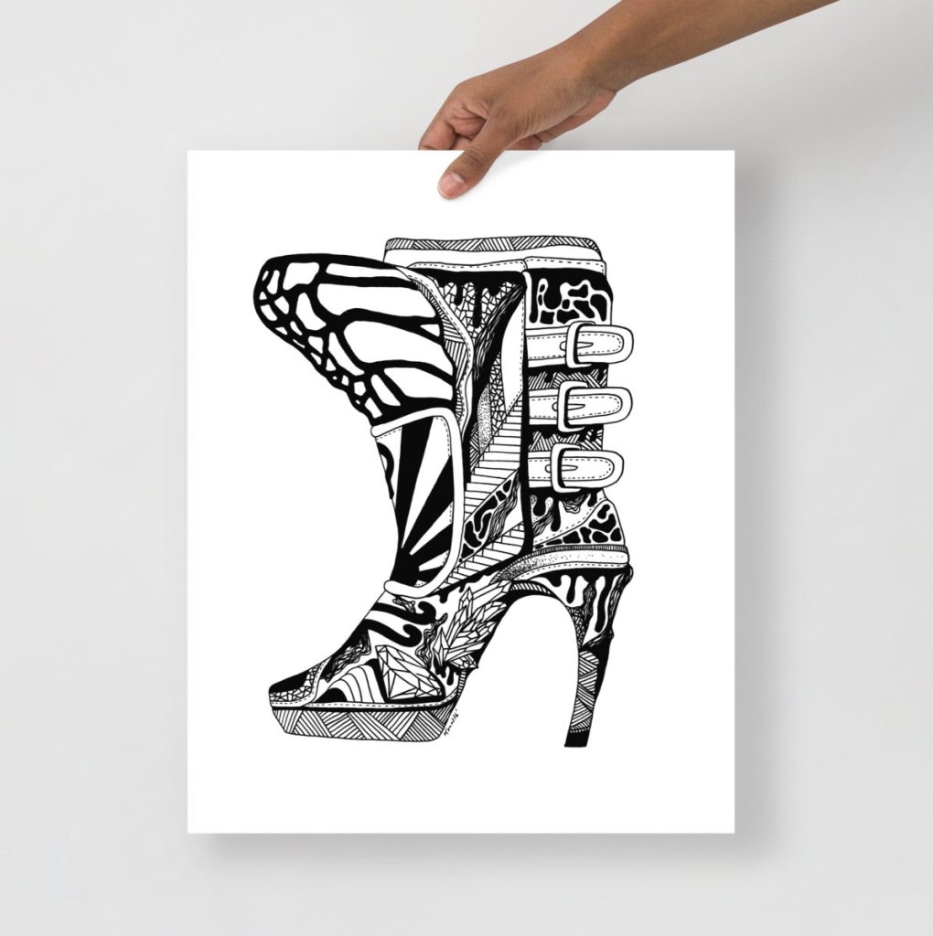 Stylish boots ascending a stairway featured in striking fashion wall decor print artwork