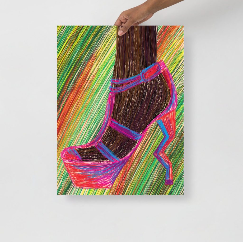 Bold ebony-toned minimal composition celebrates high heels in chic monochromatic wall decor print