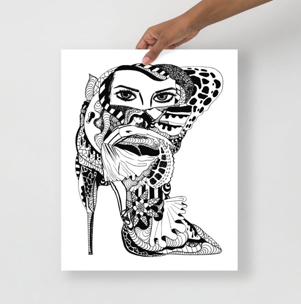Expressive dancing boots rendered in vibrant high heel fashion art prints style for bold walls