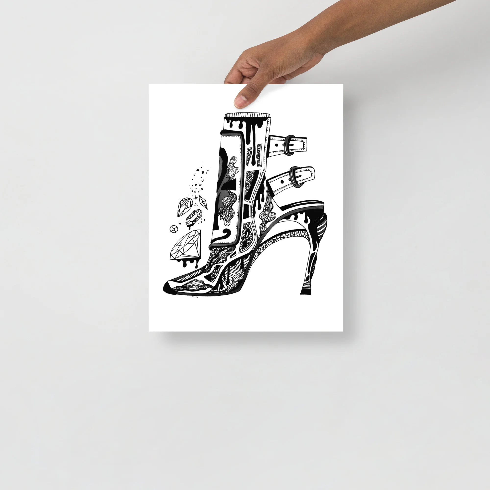 Black and white high heels and diamonds art print with intricate line work illustration on white paper.