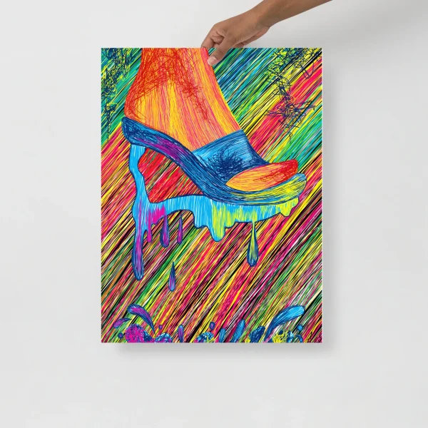 Vibrant abstract high heels wall art print with colorful striped background and bold line work design