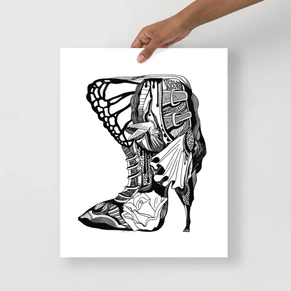 Black and white hummingbird art print with intricate line work forming high heel boots in a surreal composition