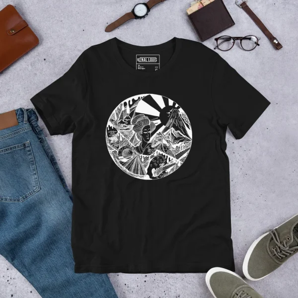 Black Japanese circle graphic tee with white line art design featuring mountain and nature motifs in circular composition