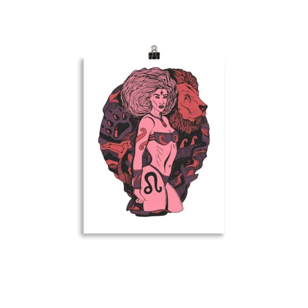 Leo art print featuring a woman warrior with lion and mystical symbols in amber and rose tones on matte paper