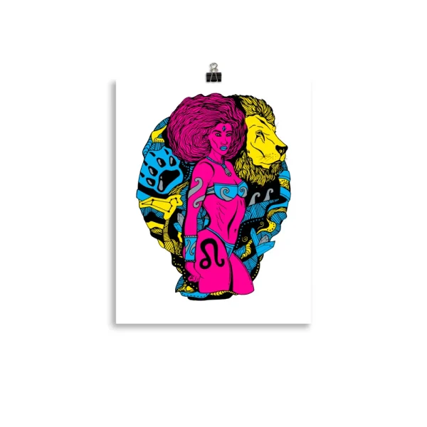 Leo art print featuring a bold magenta woman warrior flanked by blue and yellow lion heads with zodiac symbols on matte paper