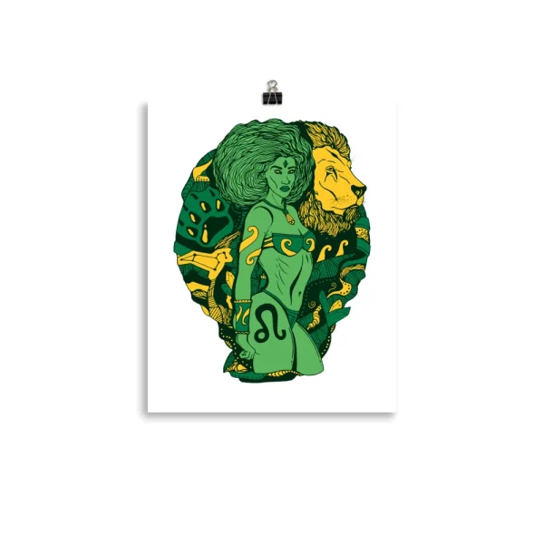 Forest green Leo art print featuring an Amazonian warrior woman with lion and jungle animals on thick matte paper.
