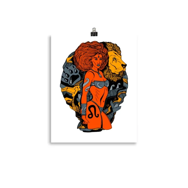 Leo art print featuring orange woman with lion and warrior in grey and gold tones