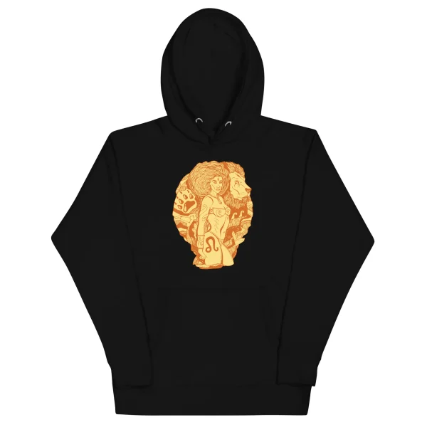 Black leo hoodie with terracotta zodiac artwork featuring an Amazonian warrior design on the chest