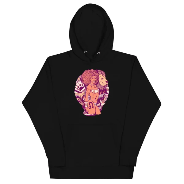 Black leo hoodie featuring bold pink and orange zodiac artwork with warrior-inspired design on chest