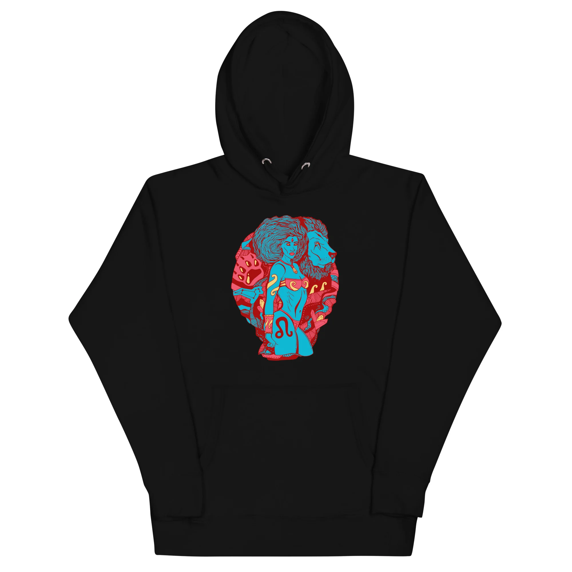 Black leo hoodie with vibrant cyan and red zodiac artwork featuring dual portrait design on chest