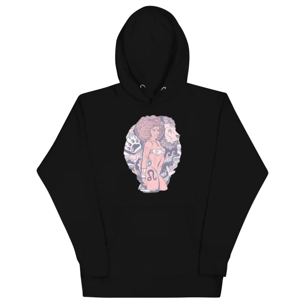 Black leo hoodie with pink and white zodiac warrior artwork featuring dual profile faces on chest