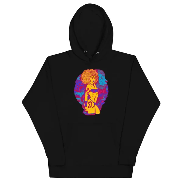 Black leo hoodie featuring vibrant yellow and purple zodiac artwork on the chest with artistic lion imagery