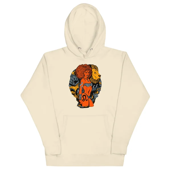 Cream bone leo hoodie featuring vibrant orange and gold zodiac artwork with warrior-inspired lion design on chest