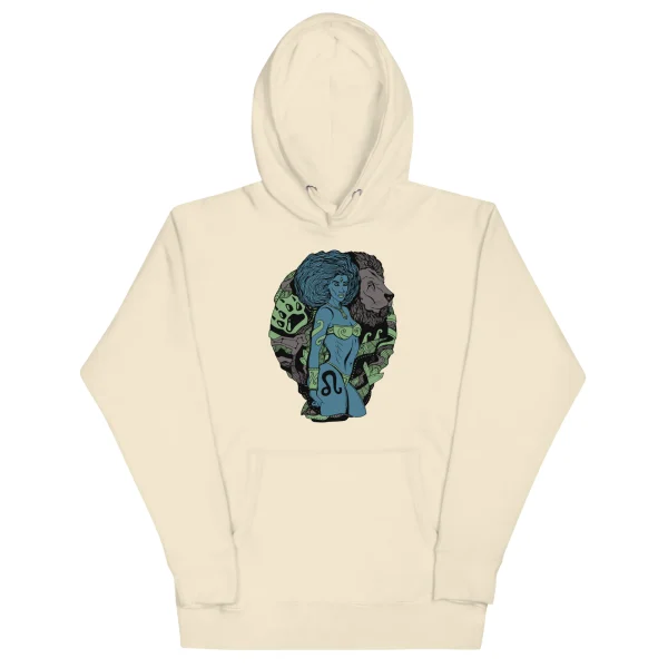 Cream bone colored leo hoodie featuring blue and green zodiac artwork with warrior-inspired design on front