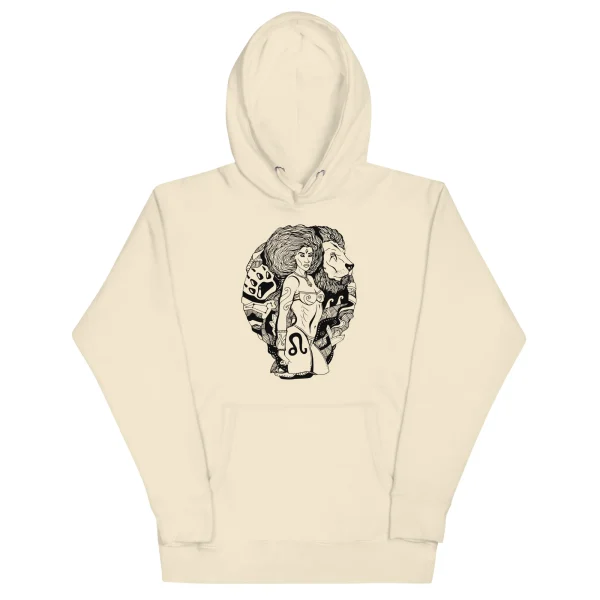 Cream bone leo hoodie with zodiac graphic featuring warrior and lion design on front