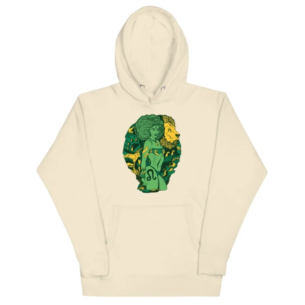 Cream bone leo hoodie with green and gold zodiac artwork featuring dual faces and mystical symbols on chest
