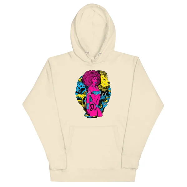 Cream bone leo hoodie featuring vibrant CMYK design with colorful lion and warrior imagery on chest