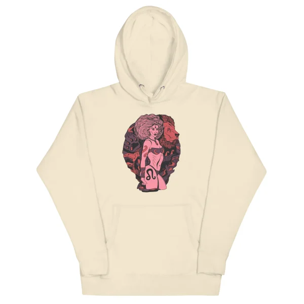 Cream leo hoodie featuring pink and burgundy zodiac lion artwork with Amazonian warrior design on chest