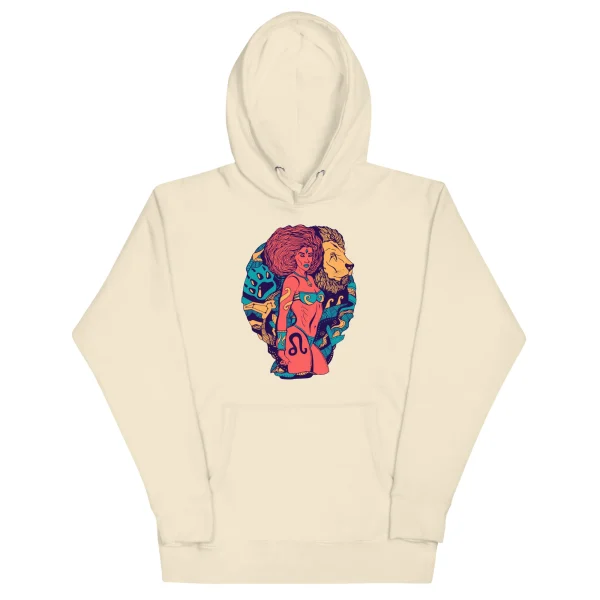 Cream colored leo hoodie featuring vibrant retro zodiac warrior art with red, blue, and gold tones on the front.