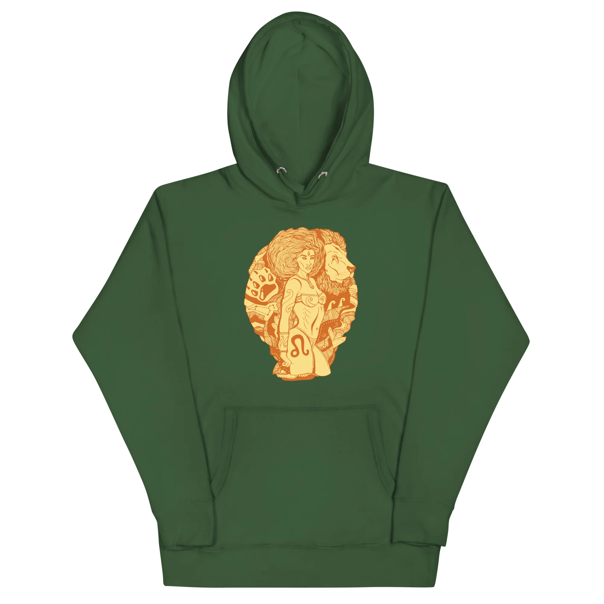 Forest green leo hoodie featuring gold terracotta zodiac artwork of an Amazonian warrior with lion imagery on the chest