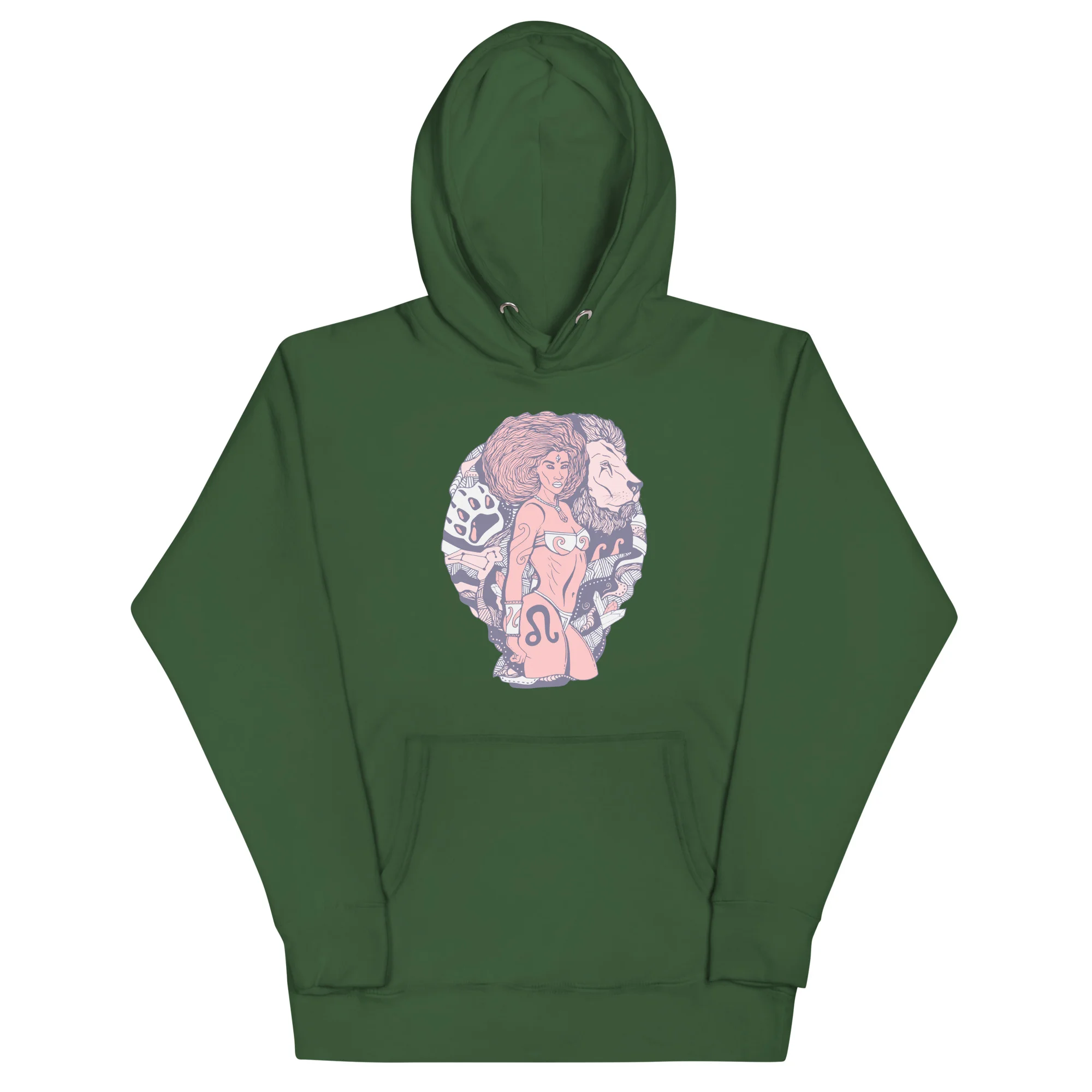 Forest green leo hoodie featuring an artistic illustration of a warrior woman with zodiac symbolism on the chest