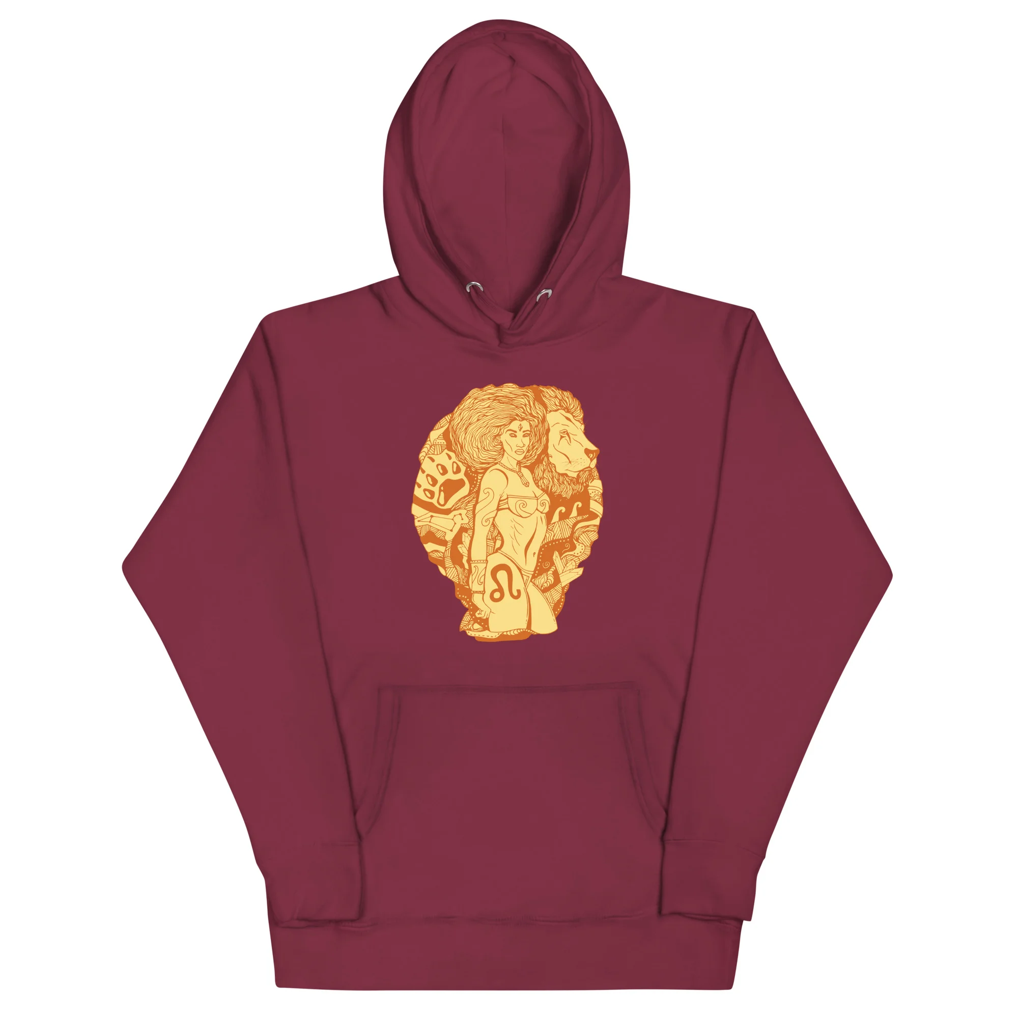 Maroon leo hoodie featuring a gold and orange zodiac lion artwork with warrior design on the chest