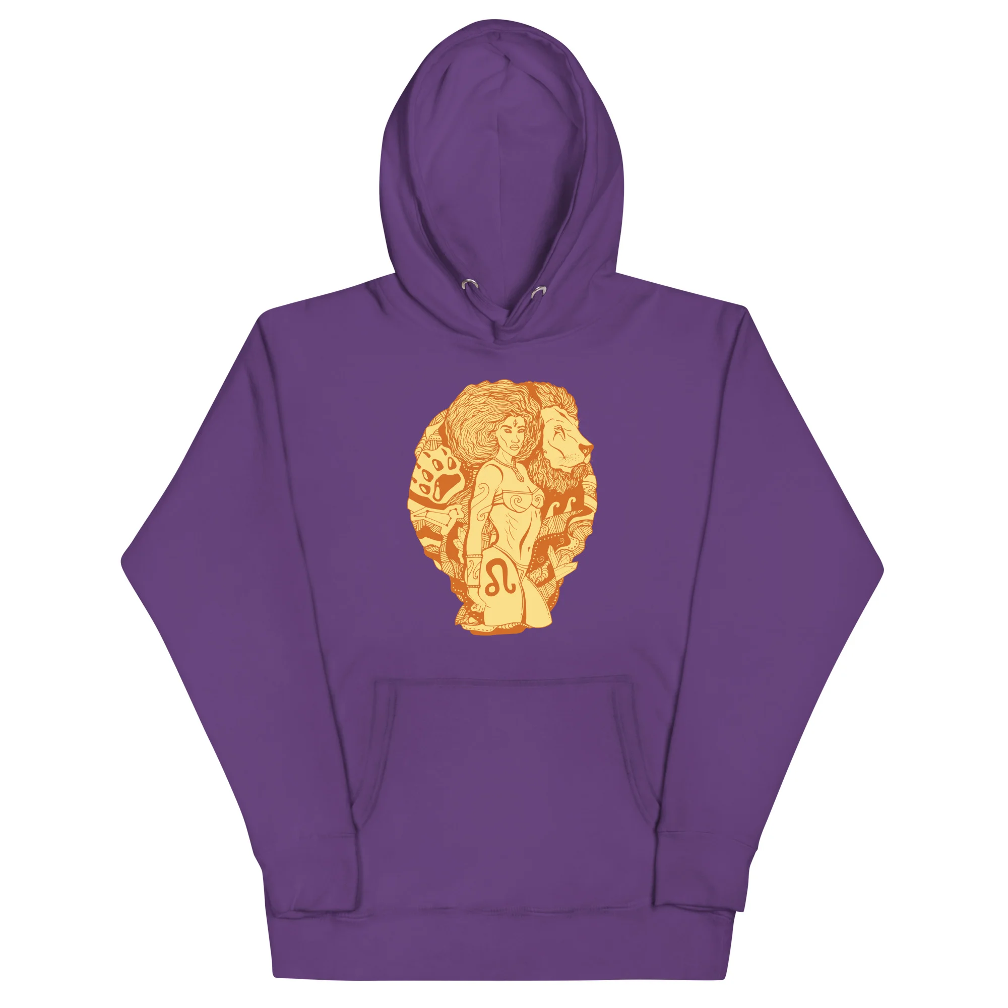 Purple leo hoodie with golden terracotta zodiac artwork featuring lion warrior design on chest