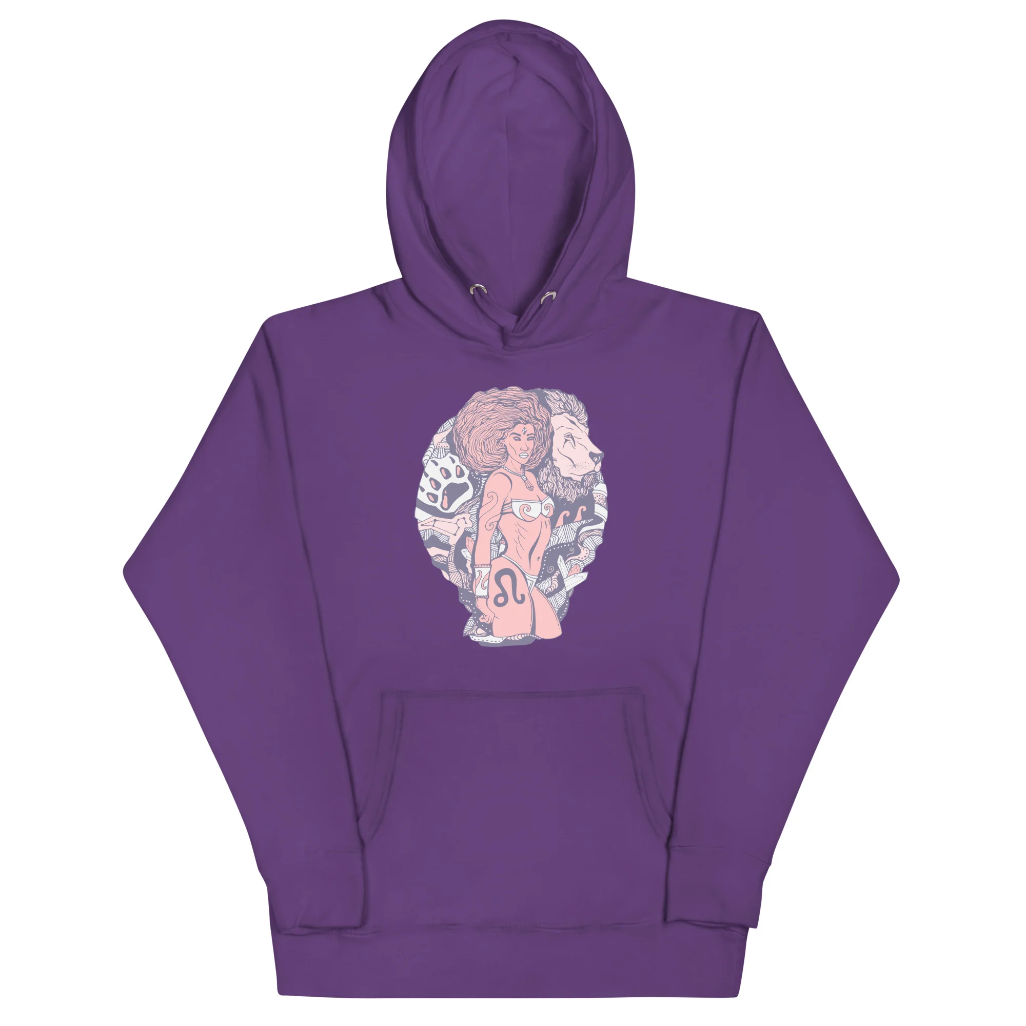 Purple leo hoodie featuring artistic warrior woman design on chest with zodiac symbolism and tribal artwork details