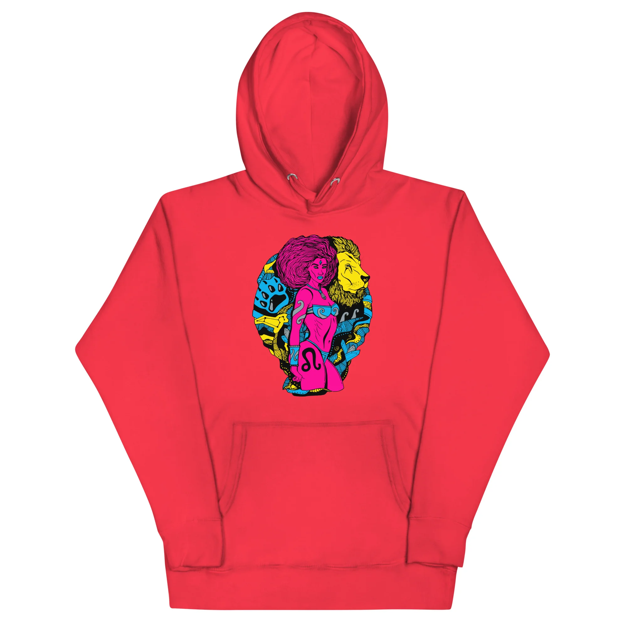 Red leo hoodie featuring vibrant CMYK colorful lion and warrior design on front chest