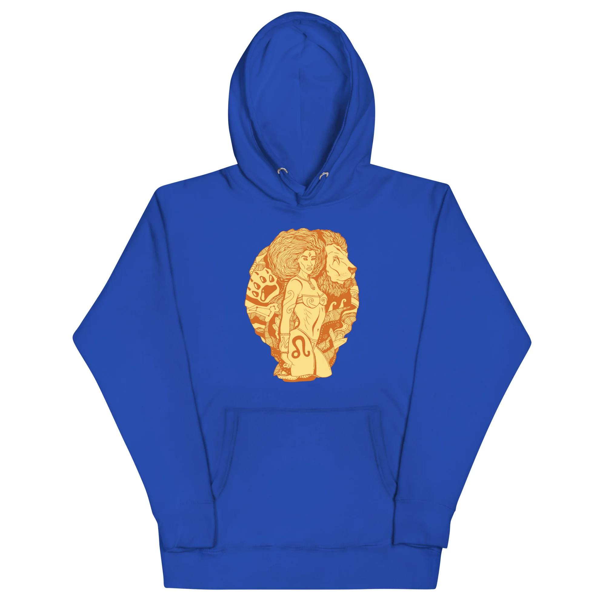 Royal blue Leo hoodie featuring golden terracotta zodiac artwork with warrior lion design on chest