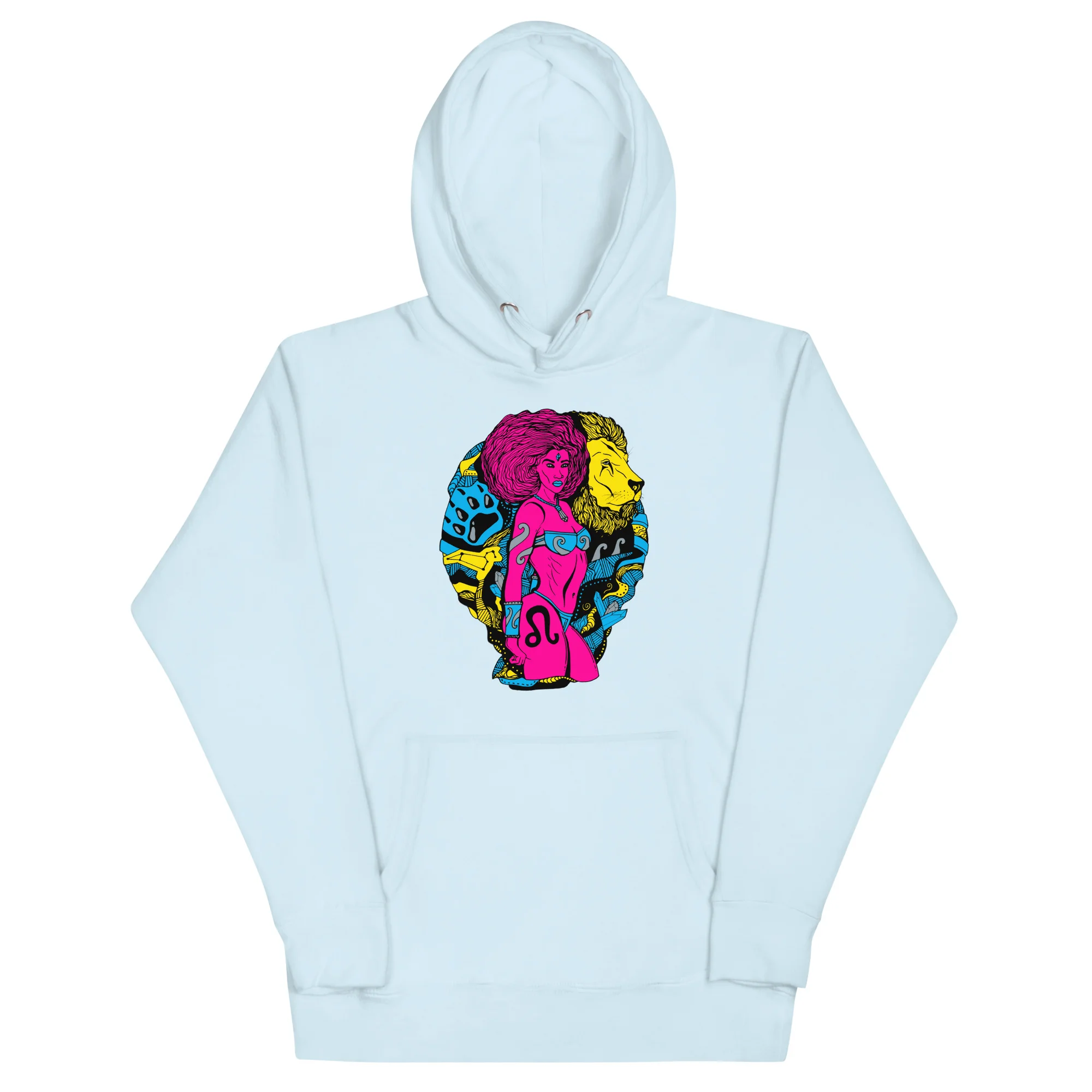 Light blue leo hoodie featuring vibrant magenta, cyan, and yellow CMYK zodiac lion graphic on chest