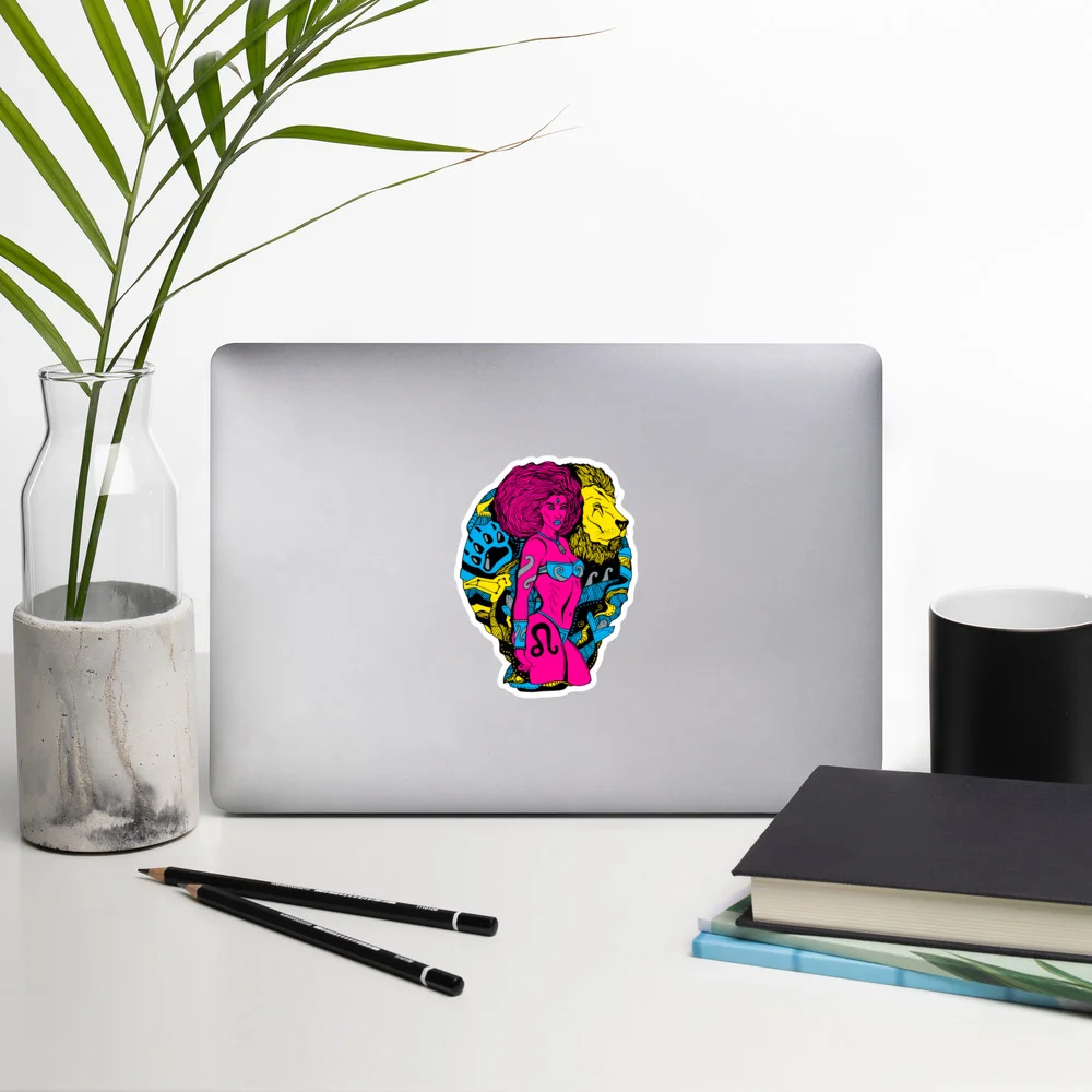 Colorful CMYK leo sticker with zodiac warrior art displayed on silver laptop cover
