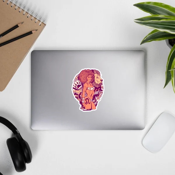 Peach Leo Beauty zodiac sticker with warrior artwork displayed on silver laptop lid
