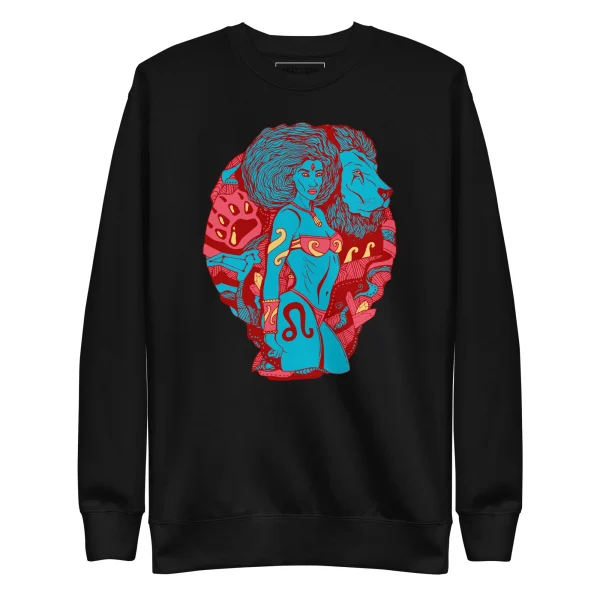 Black leo sweatshirt featuring colorful blue and red Amazonian warrior artwork with zodiac symbol