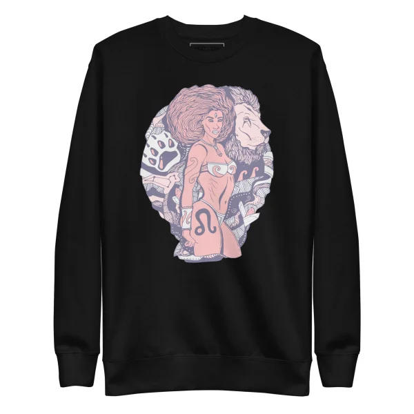 Black Leo sweatshirt featuring zodiac warrior artwork with woman and lion illustration in pink and purple tones