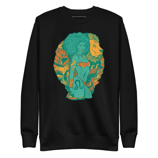 Black leo sweatshirt featuring a turquoise and orange illustration of a woman with lion and ornate design