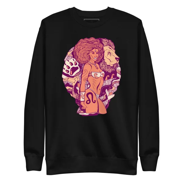 Black leo sweatshirt featuring colorful artwork of a fierce warrior woman with lion imagery and zodiac symbol