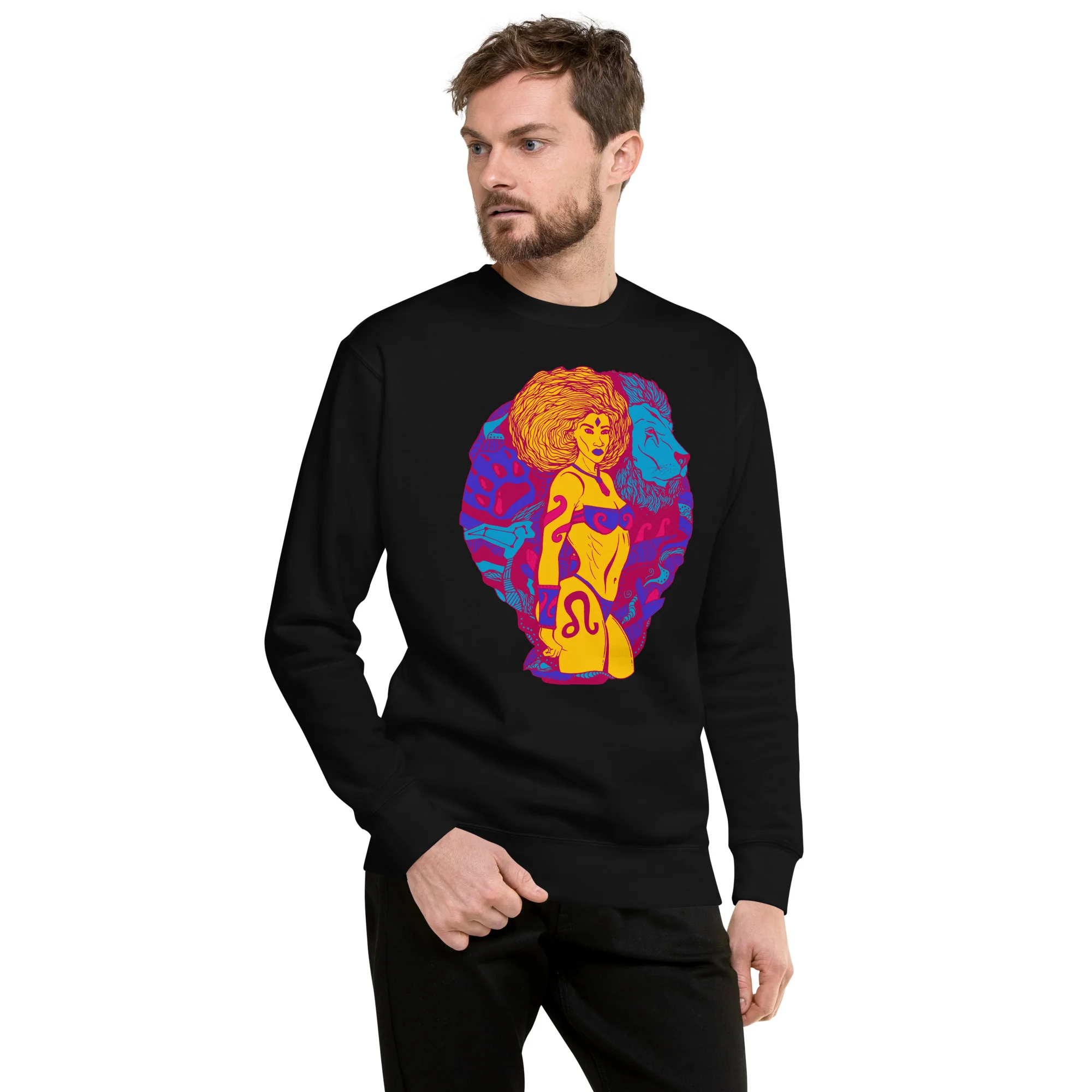 Man wearing black leo sweatshirt with colorful triadic zodiac design featuring yellow and purple warrior figure