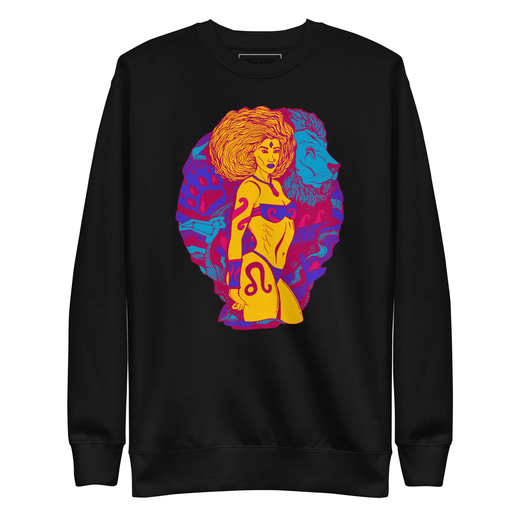 Black leo sweatshirt featuring vibrant triadic colors with a bold female figure and lion design