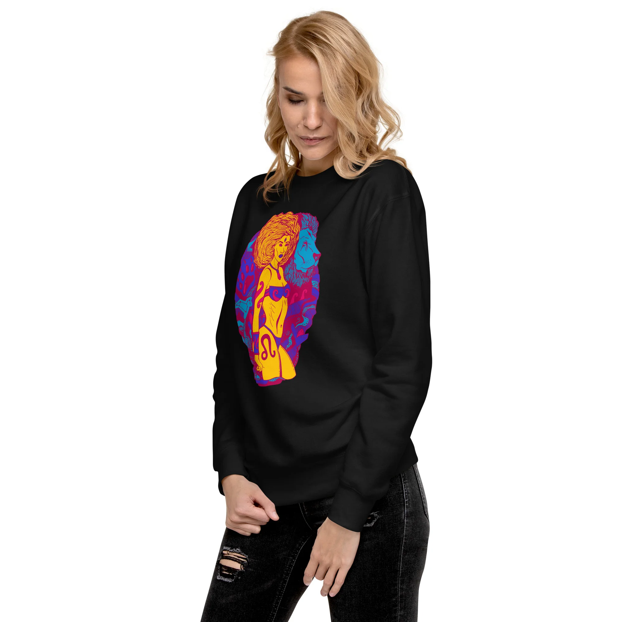 Woman wearing black leo sweatshirt with vibrant triadic color portrait design on front