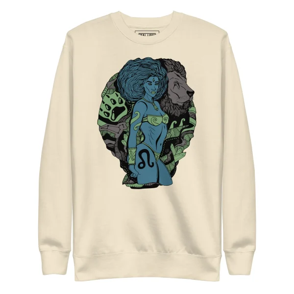 Leo sweatshirt featuring blue warrior woman with zodiac lion and green beast artwork on bone crewneck