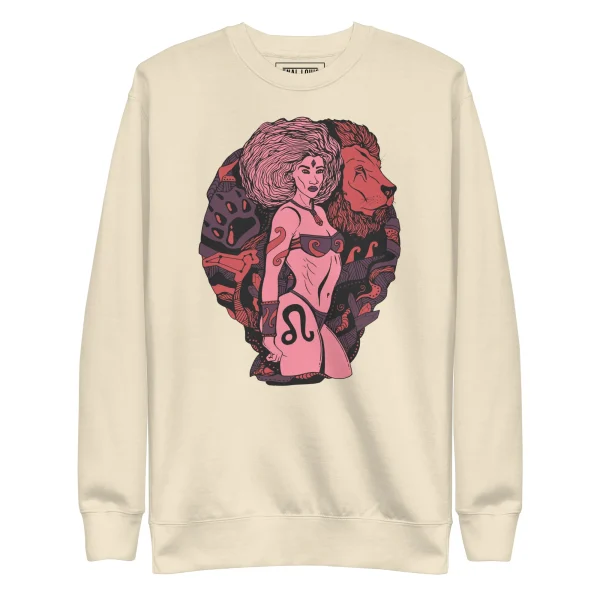 Cream bone leo sweatshirt featuring pink and red zodiac artwork with a woman and lion design