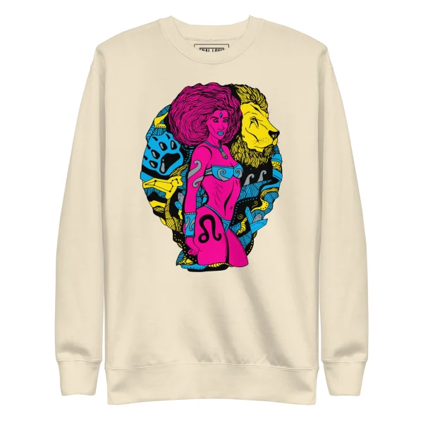 Bone-colored leo sweatshirt featuring bold CMYK artwork with a woman and lion design