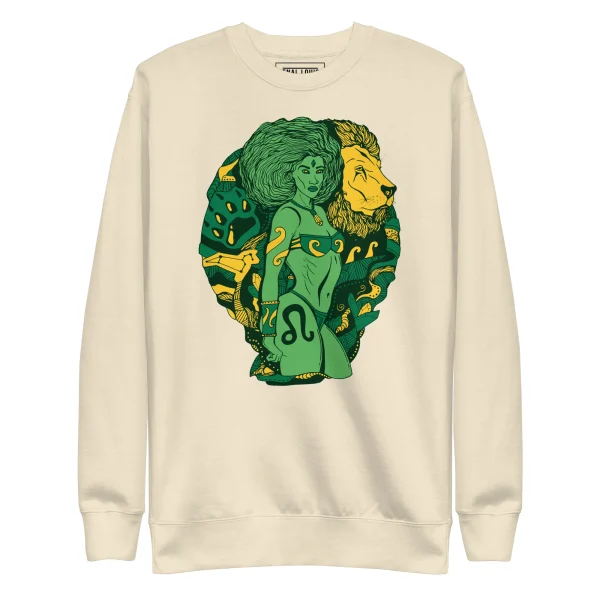 Cream bone leo sweatshirt featuring green and gold zodiac artwork with woman and lion design