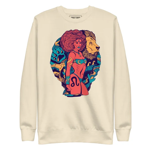Bone leo sweatshirt featuring colorful retro zodiac warrior illustration with woman and lion in vibrant teal, coral and gold tones