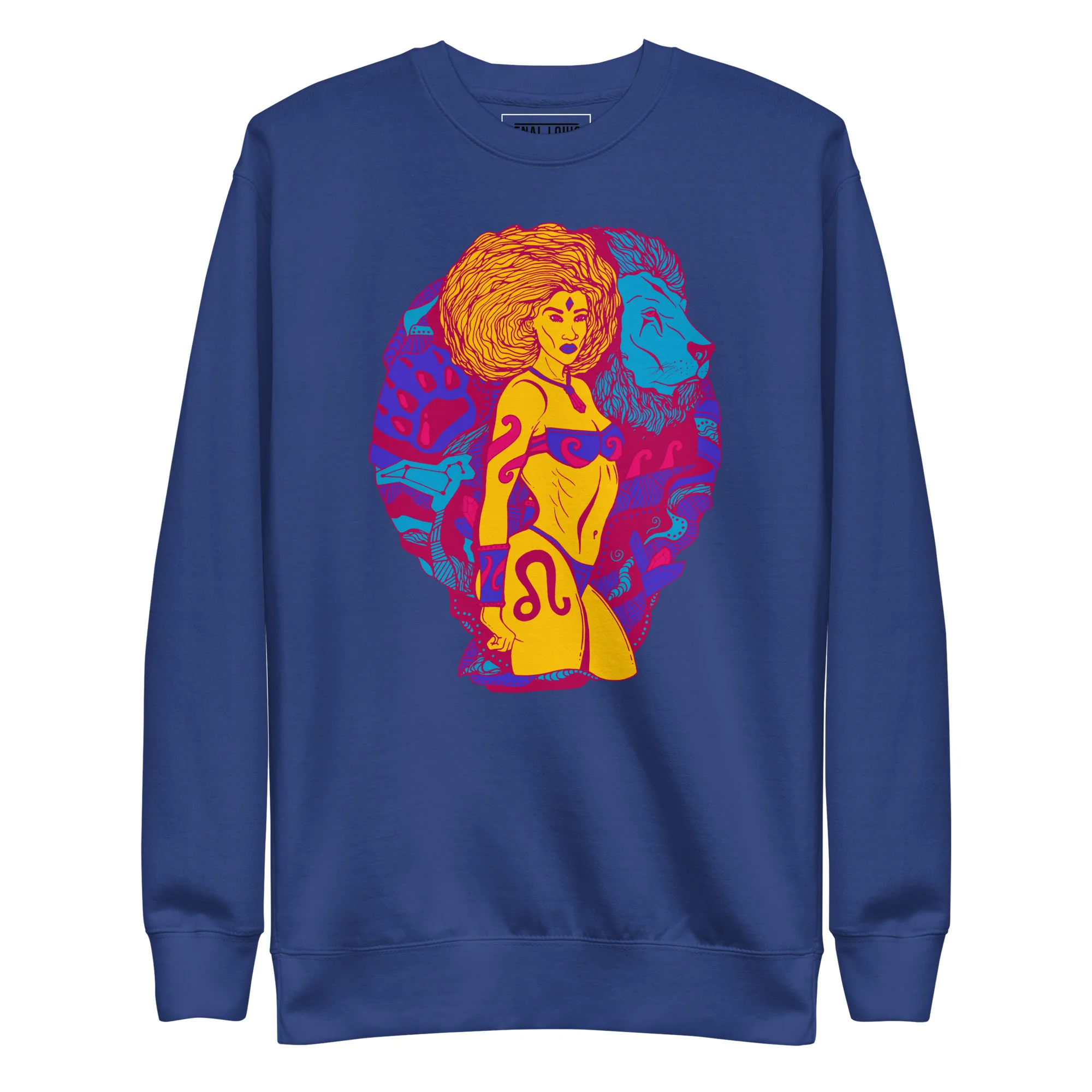 Royal blue leo sweatshirt featuring vibrant yellow and magenta artwork of a woman with voluminous hair and lion imagery