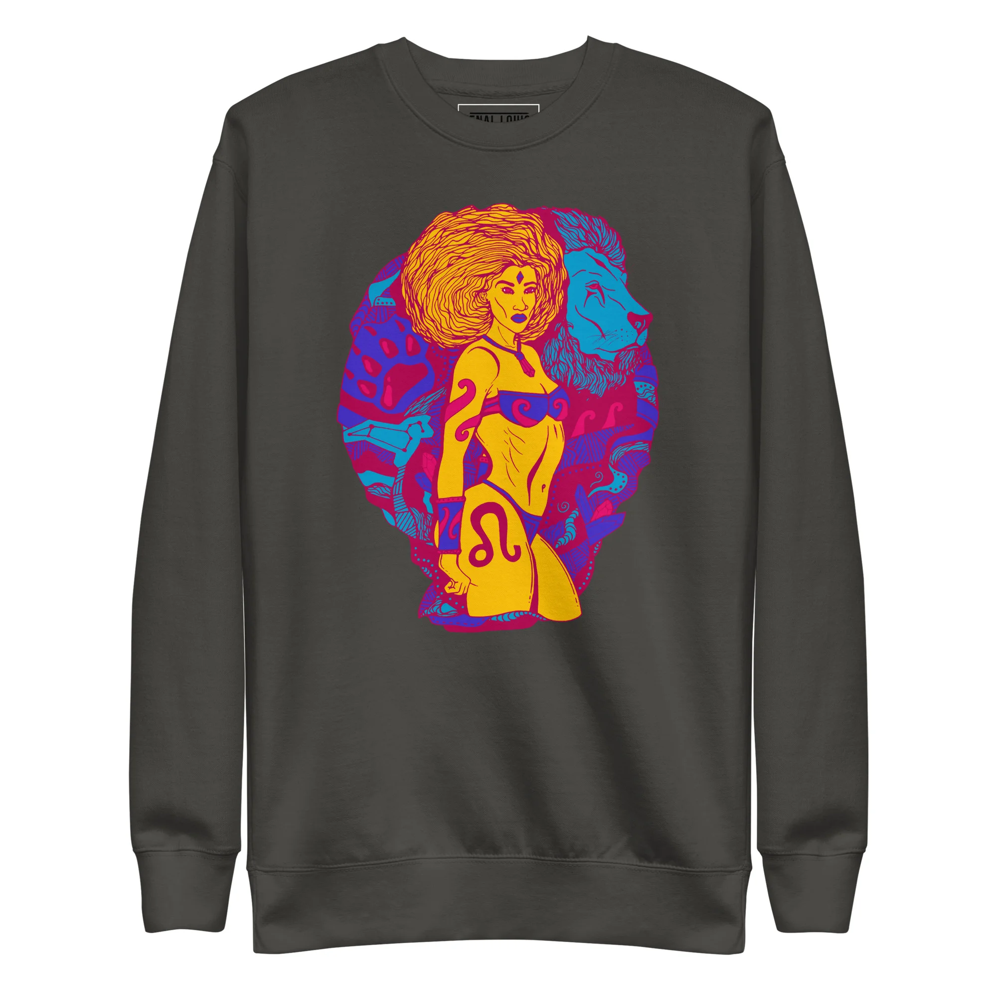 Leo sweatshirt featuring a vibrant triadic color pop art design of a woman with voluminous hair and lion imagery on vintage black