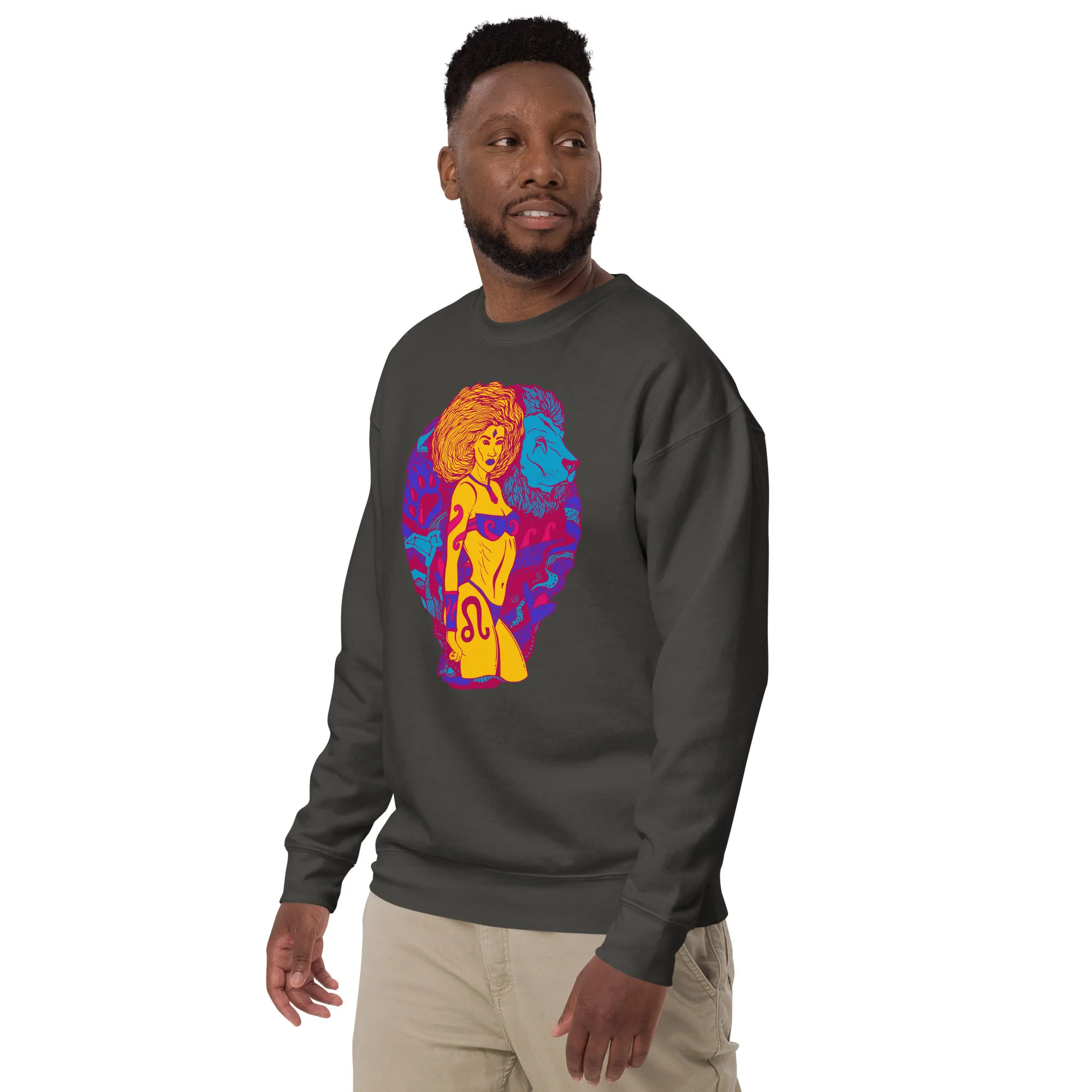 Man wearing vintage black leo sweatshirt with vibrant triadic color portrait design featuring yellow and purple tones