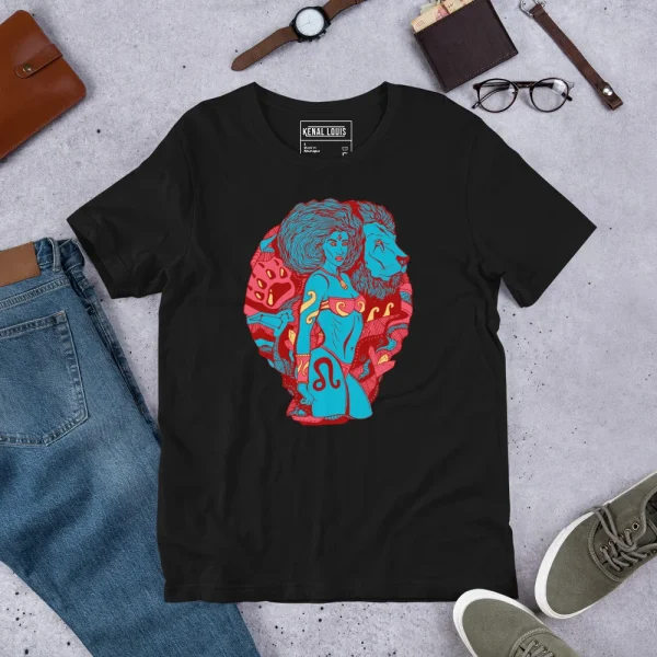 Black leo t-shirt featuring colorful red and blue zodiac artwork with warrior-inspired design